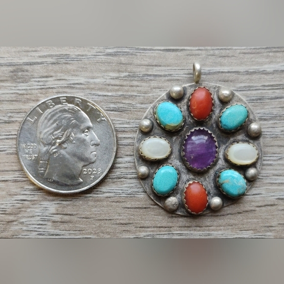 1977 Sterling Silver Multi Gemstone Pendant Handcrafted Round - Picture 2 of 16